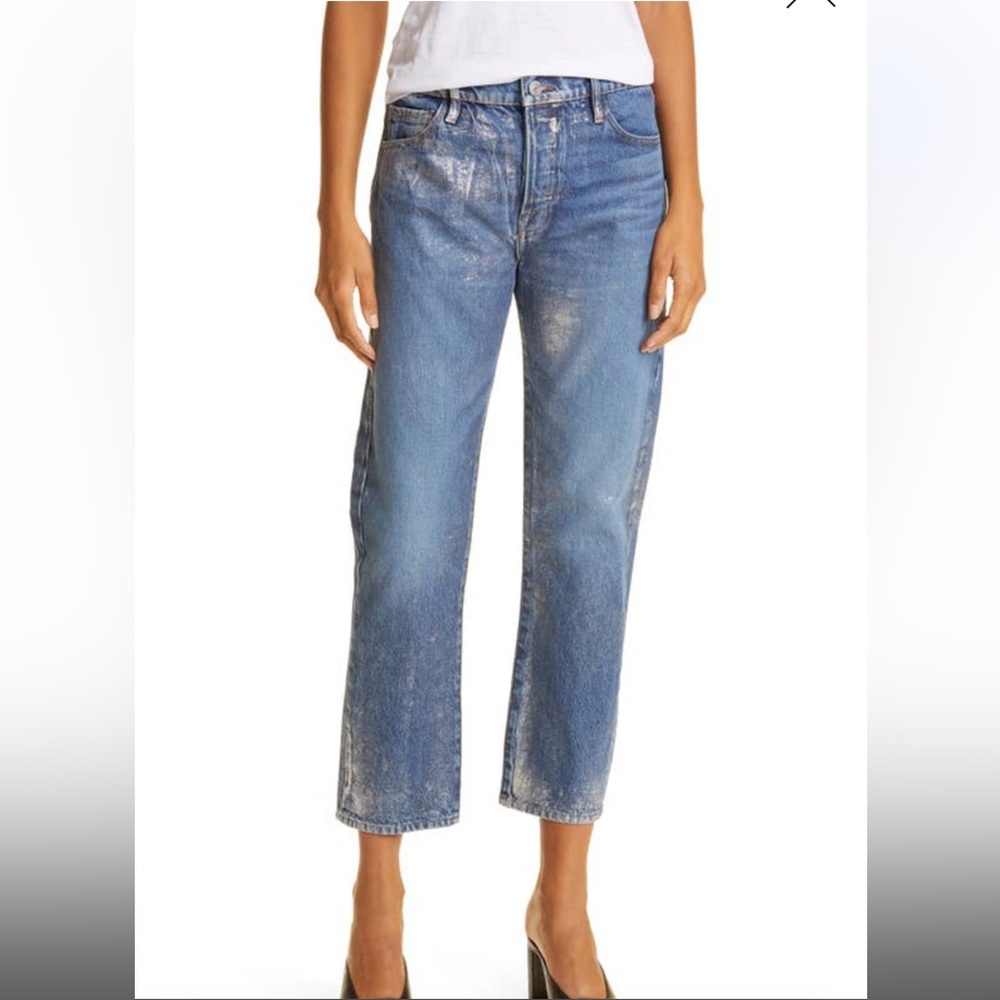 Frame Le Original High Rise Straight Fit Button Fly Jeans in Crackle Chrome